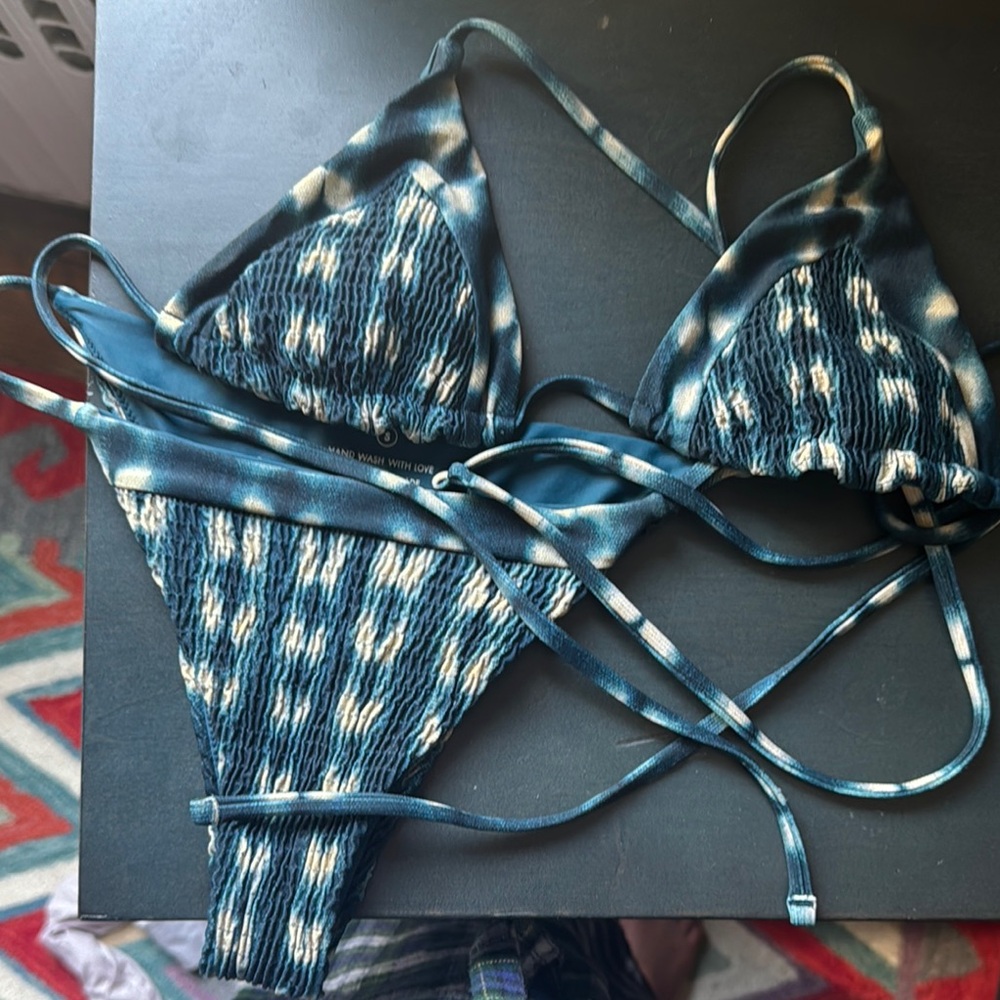Tori Praver Blue and White Tie-Dye Bikini Set